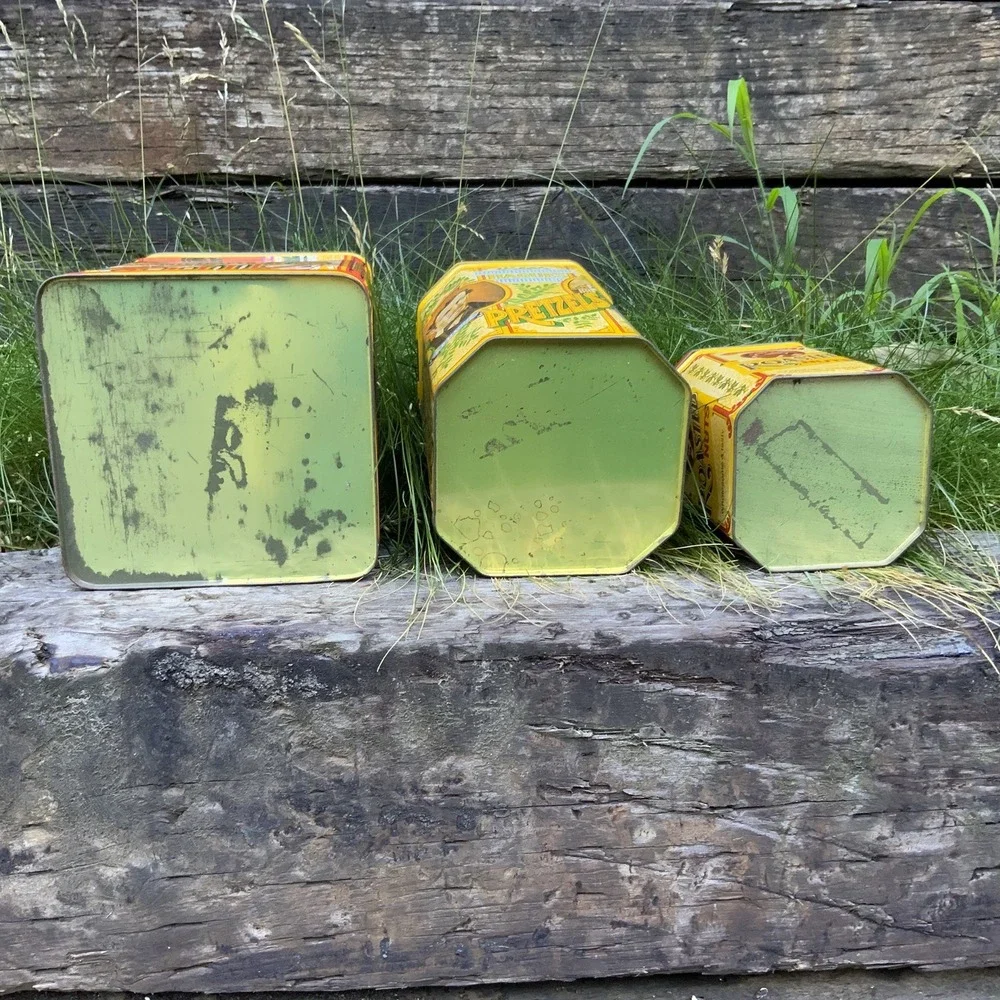Tin Canister Trio Carmichaels Chips Hague's Pretzels Radfords Nuts England Retro